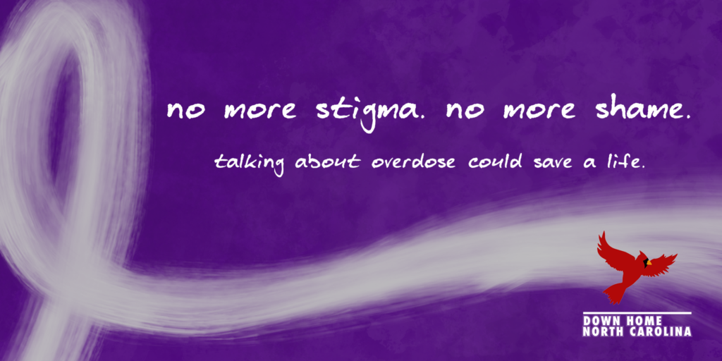 Purple ribbon with text: No more Stigma, No more shame.