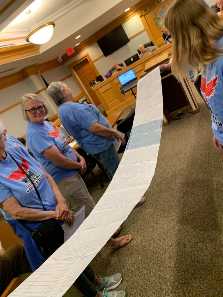 Down Home members in Ashe county present hundreds of signatures to the county commissioners.