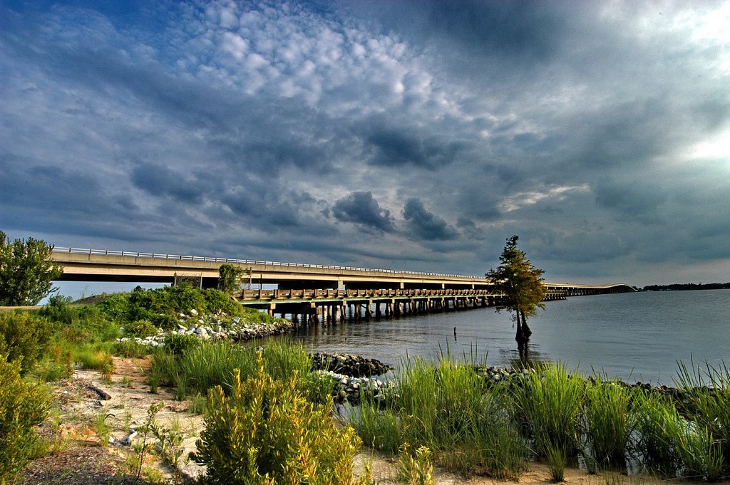 An image of the Chowan River showing a long bridge span and dark clouds bordered by lush sea grass.